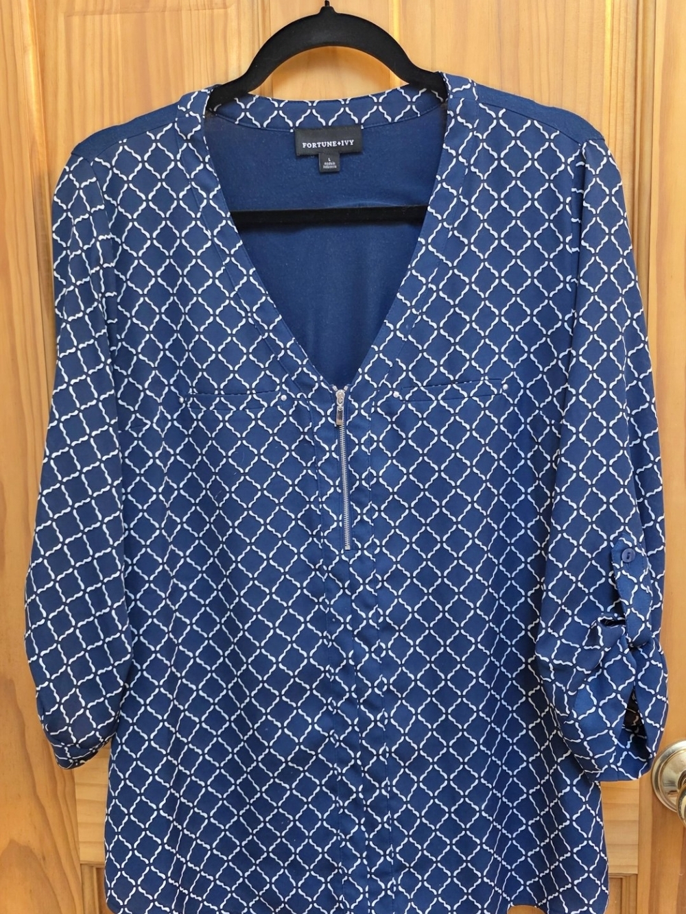 Fortune + Ivy Navy Geo-Print Zip-Front Blouse